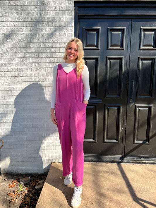 Pink Posy Ribbed Tie Jumpsuit