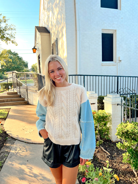 Cable Knit Sweater Chambray Frayed Top